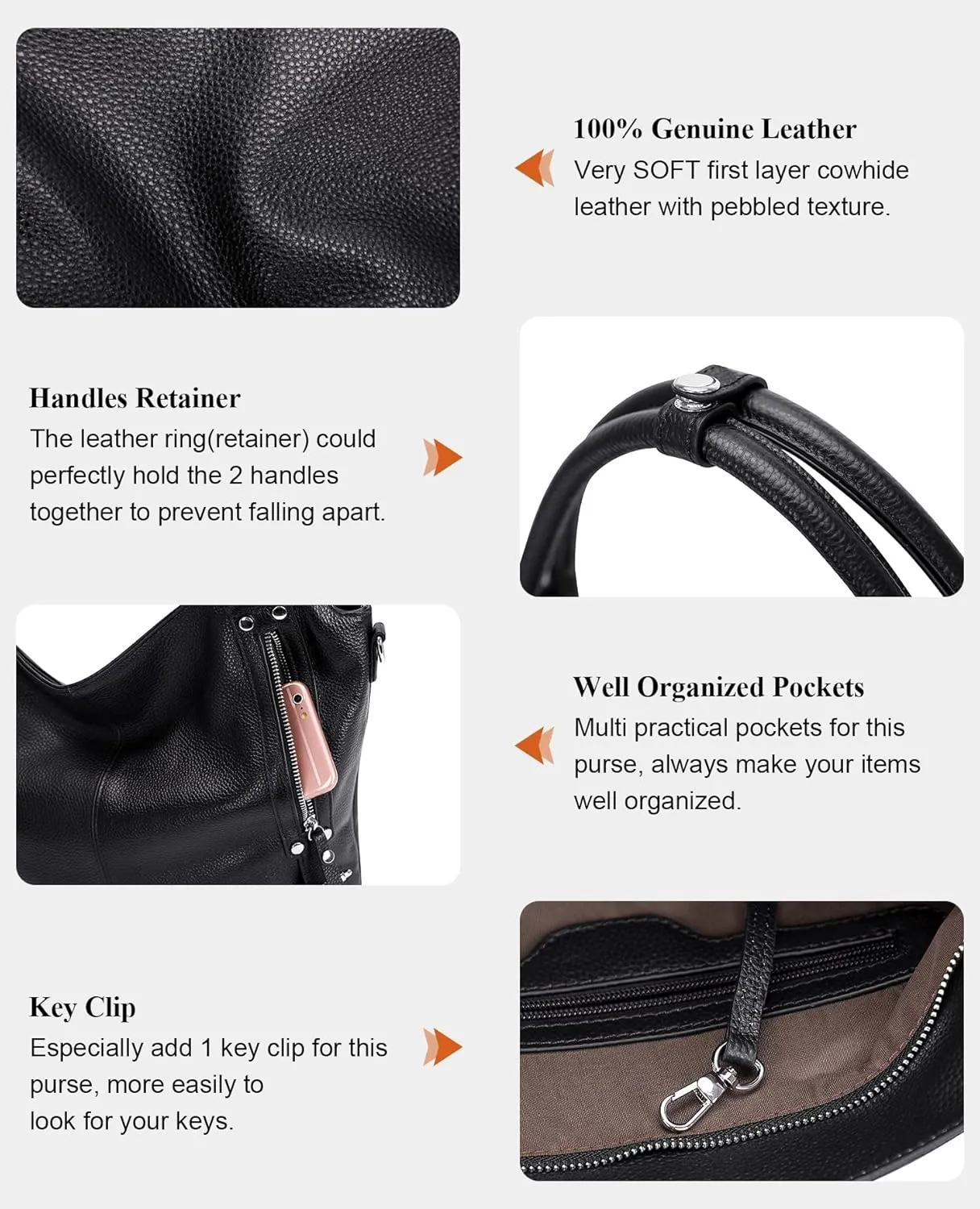Genuine Leather Handbags for Women Hobo Shoulder Bag Ladies Leather Tote Bag(O172E Black)
