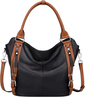Genuine Leather Handbags for Women Hobo Shoulder Bag Ladies Leather Tote Bag(O172E Black)