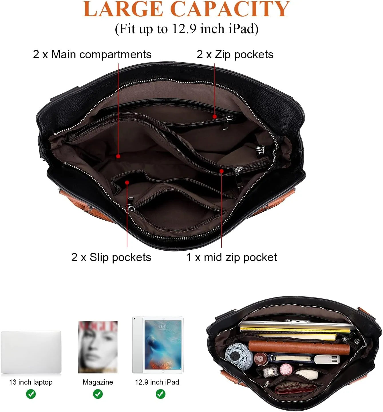 Genuine Leather Handbags for Women Hobo Shoulder Bag Ladies Leather Tote Bag(O172E Black)