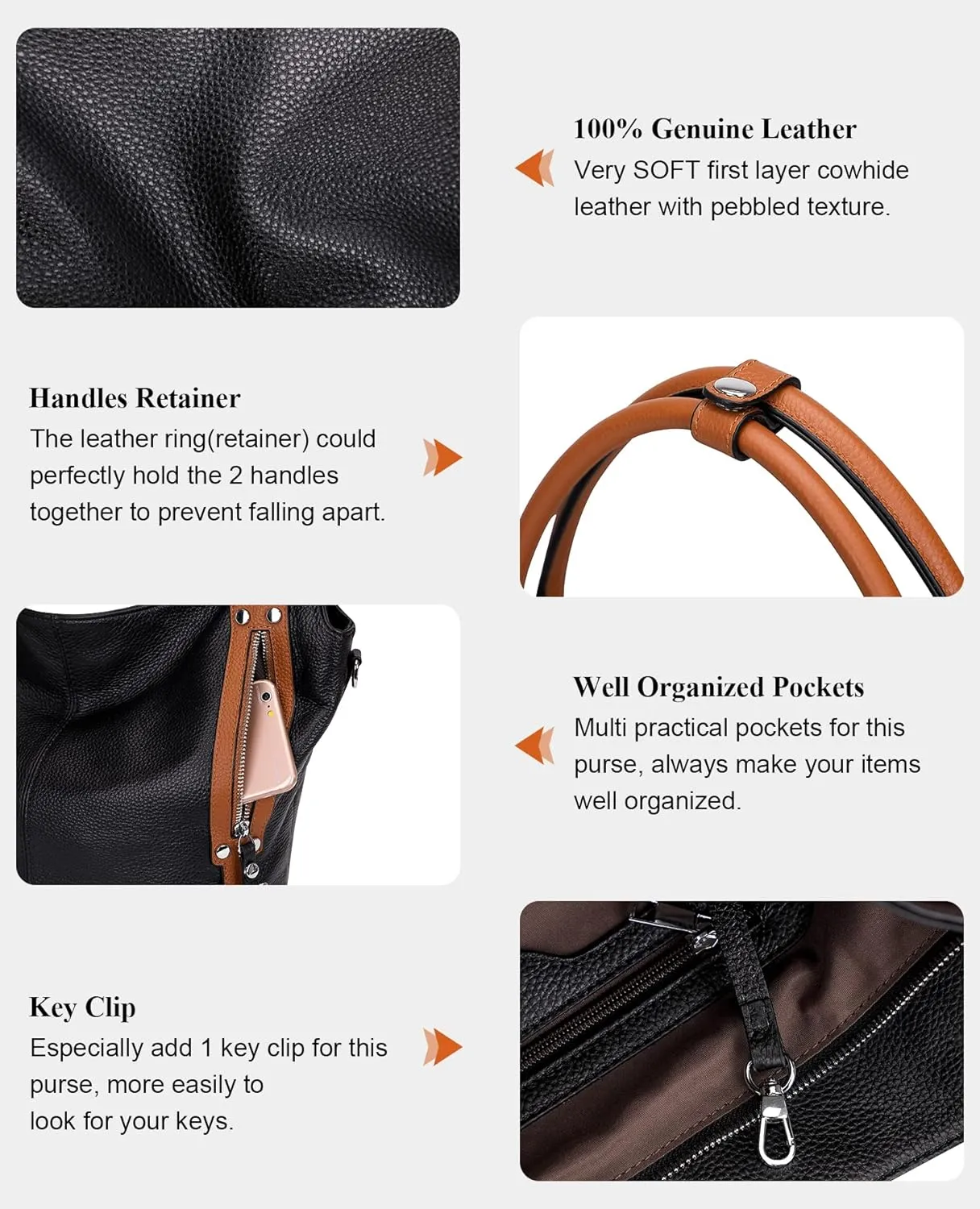 Genuine Leather Handbags for Women Hobo Shoulder Bag Ladies Leather Tote Bag(O172E Black)