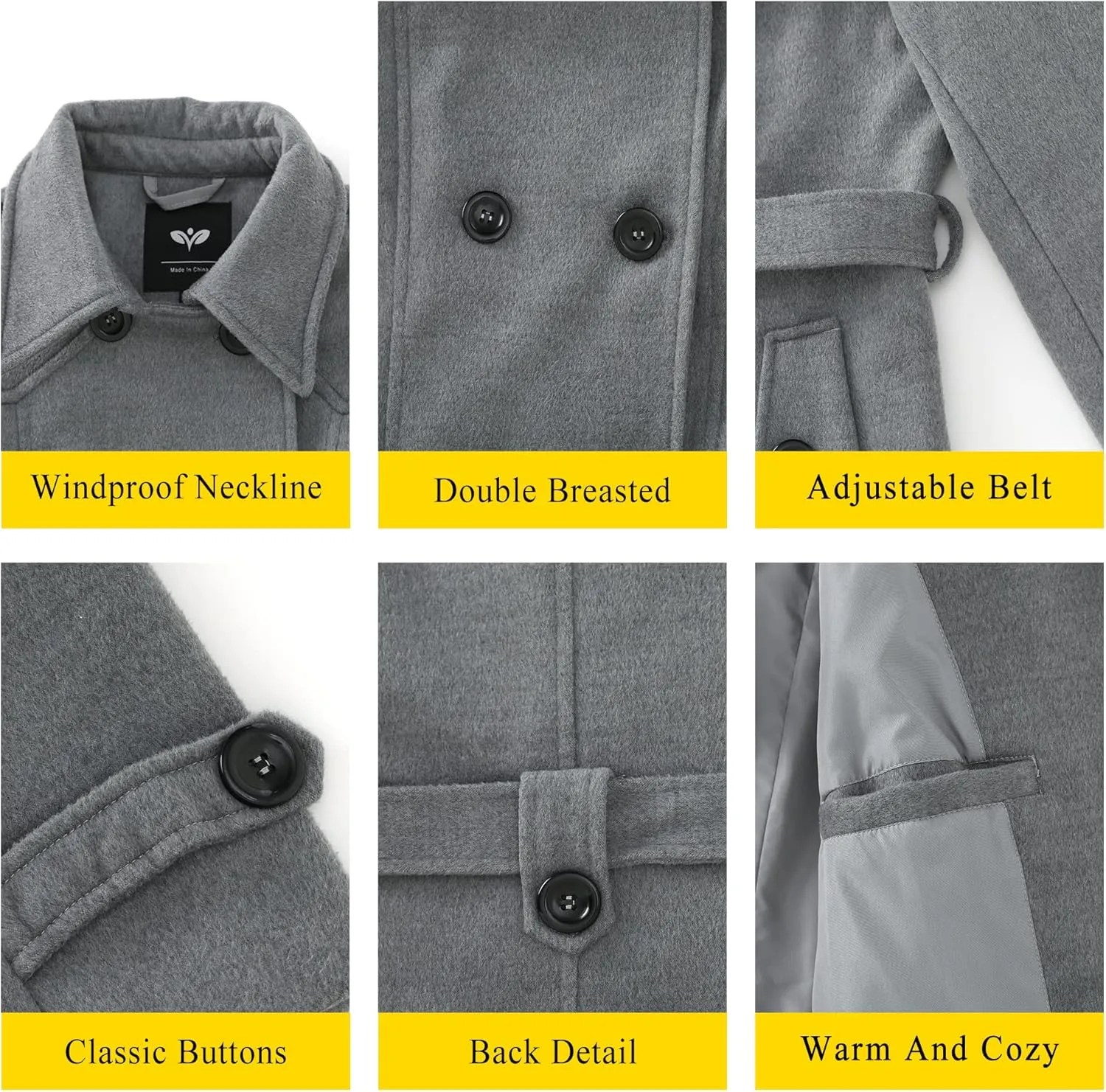 GGleaf Women's Classic Double Breasted Pea Coat Winter Mid-Long Slim Trench Coat with Belt