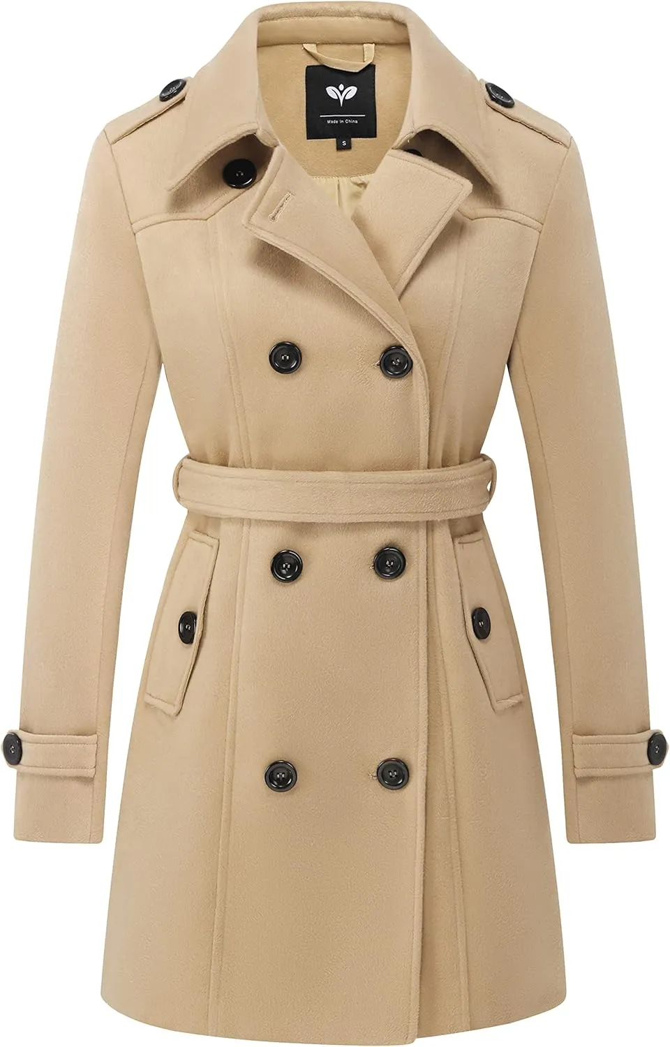 GGleaf Women's Classic Double Breasted Pea Coat Winter Mid-Long Slim Trench Coat with Belt