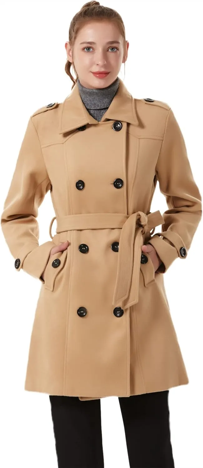 GGleaf Women's Classic Double Breasted Pea Coat Winter Mid-Long Slim Trench Coat with Belt