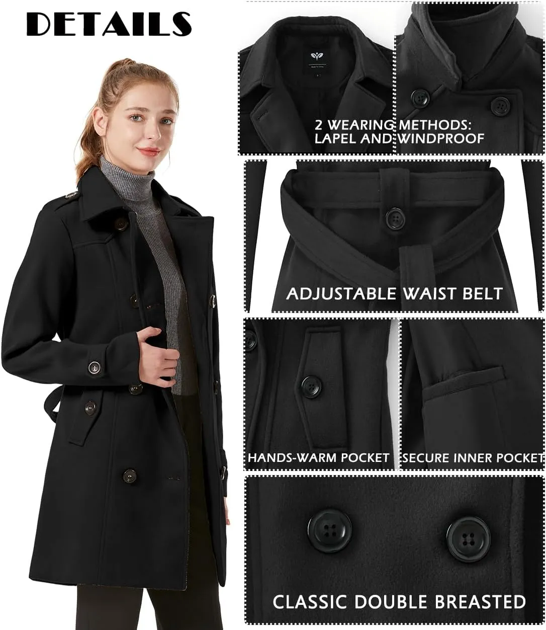GGleaf Women's Classic Double Breasted Pea Coat Winter Mid-Long Slim Trench Coat with Belt