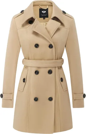 GGleaf Women's Classic Double Breasted Pea Coat Winter Mid-Long Slim Trench Coat with Belt