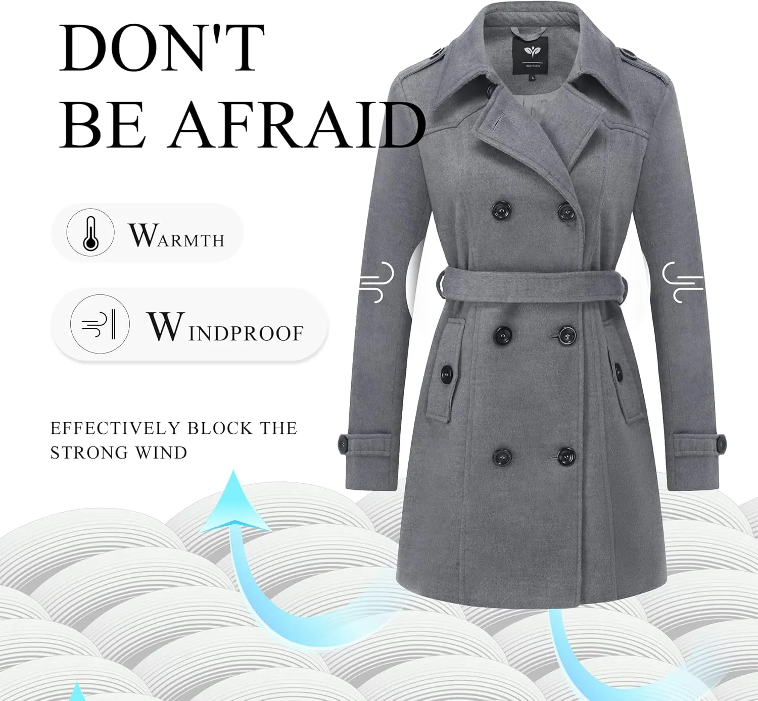 GGleaf Women's Classic Double Breasted Pea Coat Winter Mid-Long Slim Trench Coat with Belt