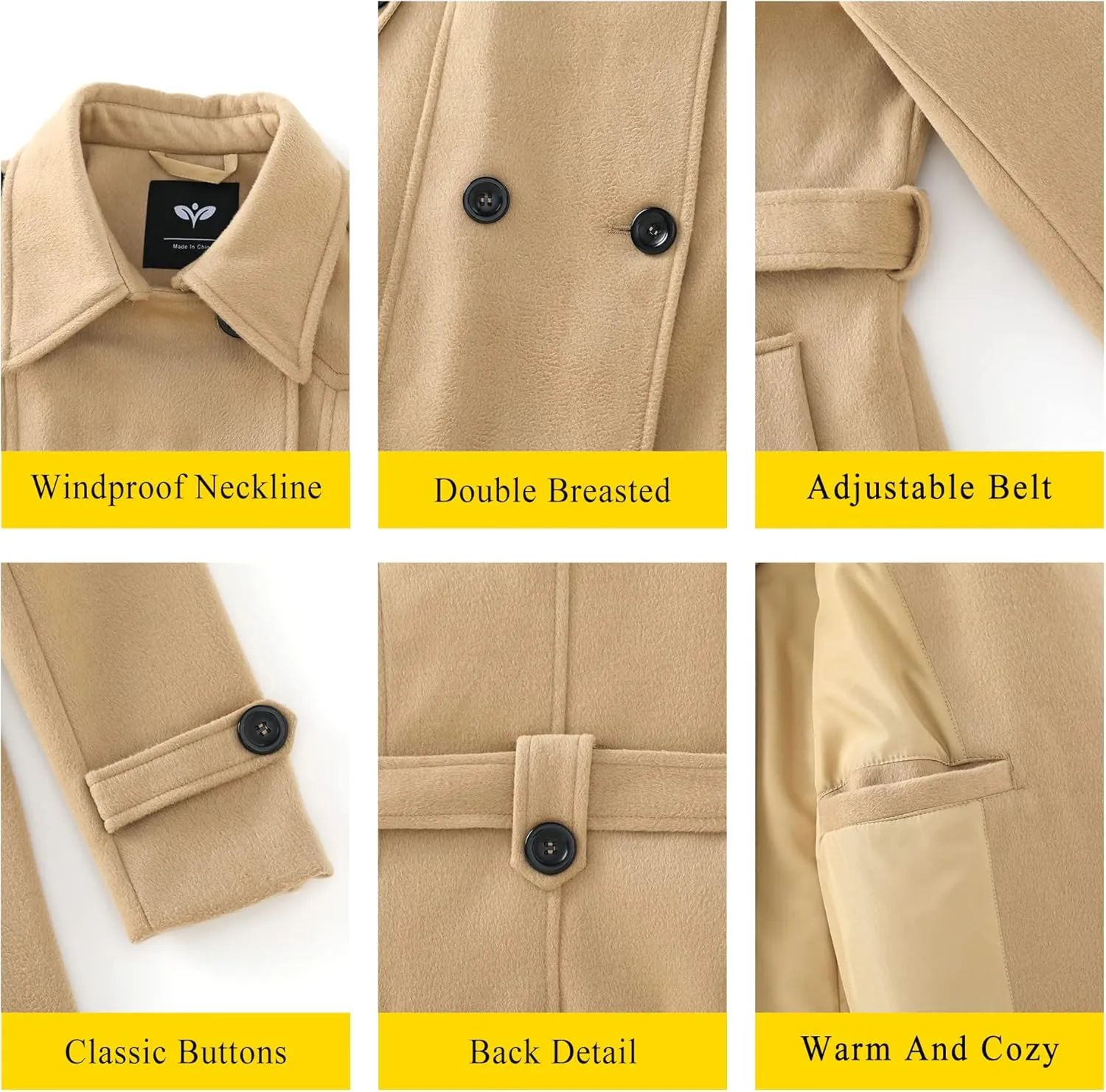 GGleaf Women's Classic Double Breasted Pea Coat Winter Mid-Long Slim Trench Coat with Belt