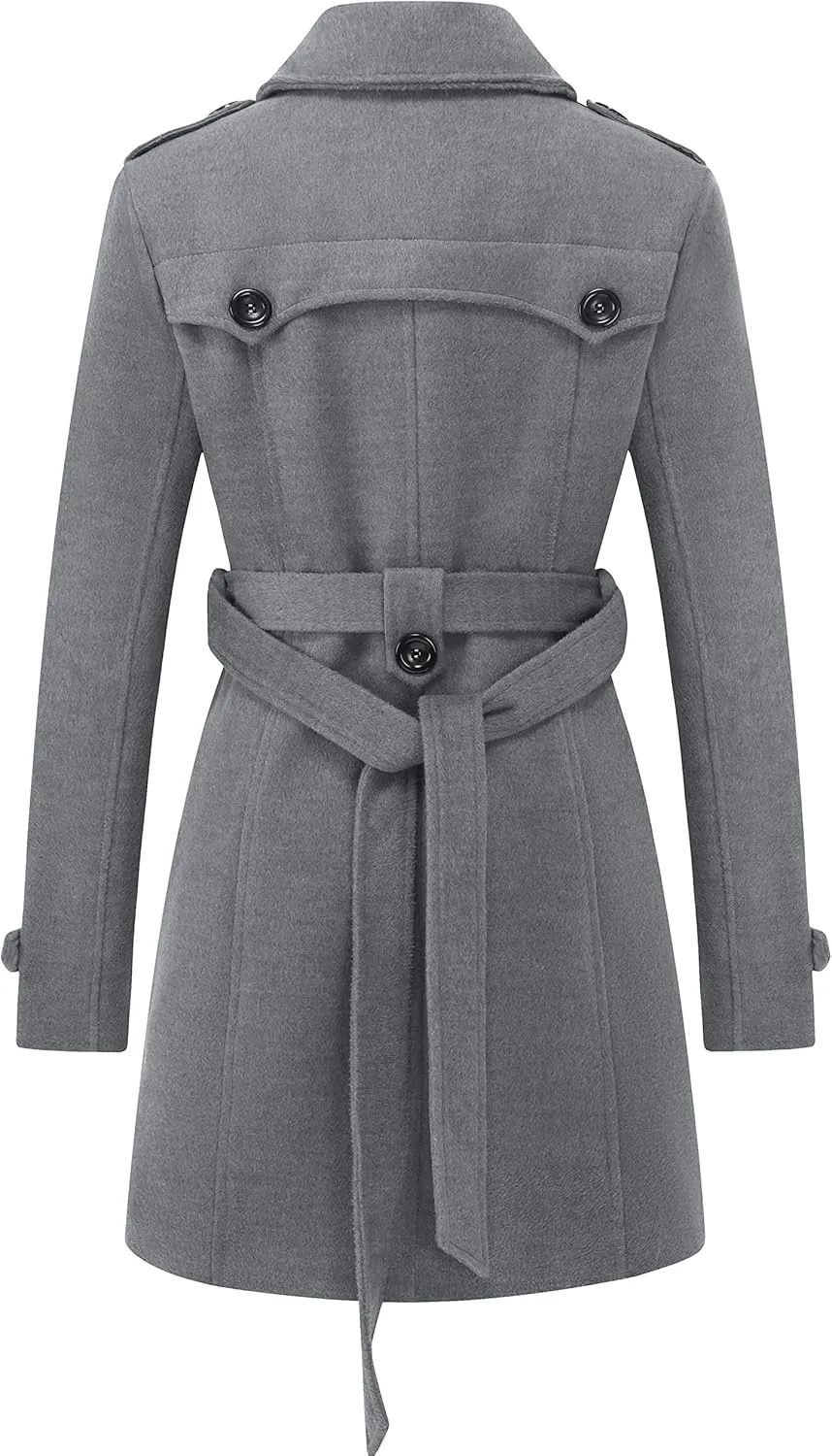 GGleaf Women's Classic Double Breasted Pea Coat Winter Mid-Long Slim Trench Coat with Belt