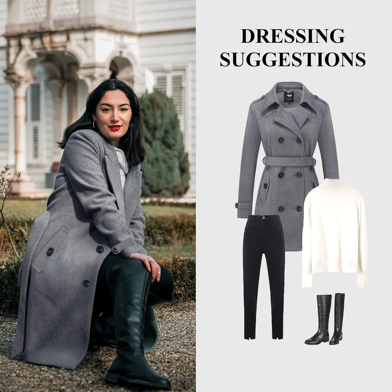 GGleaf Women's Classic Double Breasted Pea Coat Winter Mid-Long Slim Trench Coat with Belt