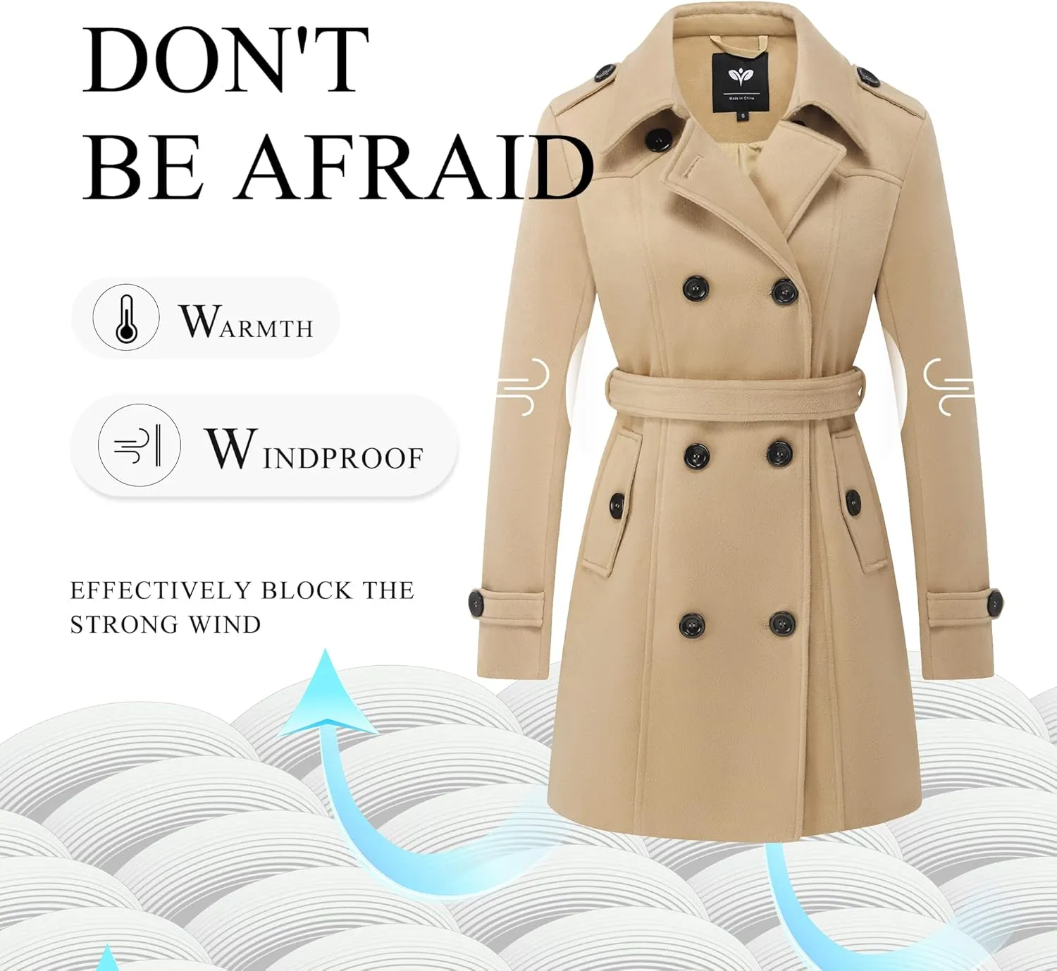 GGleaf Women's Classic Double Breasted Pea Coat Winter Mid-Long Slim Trench Coat with Belt