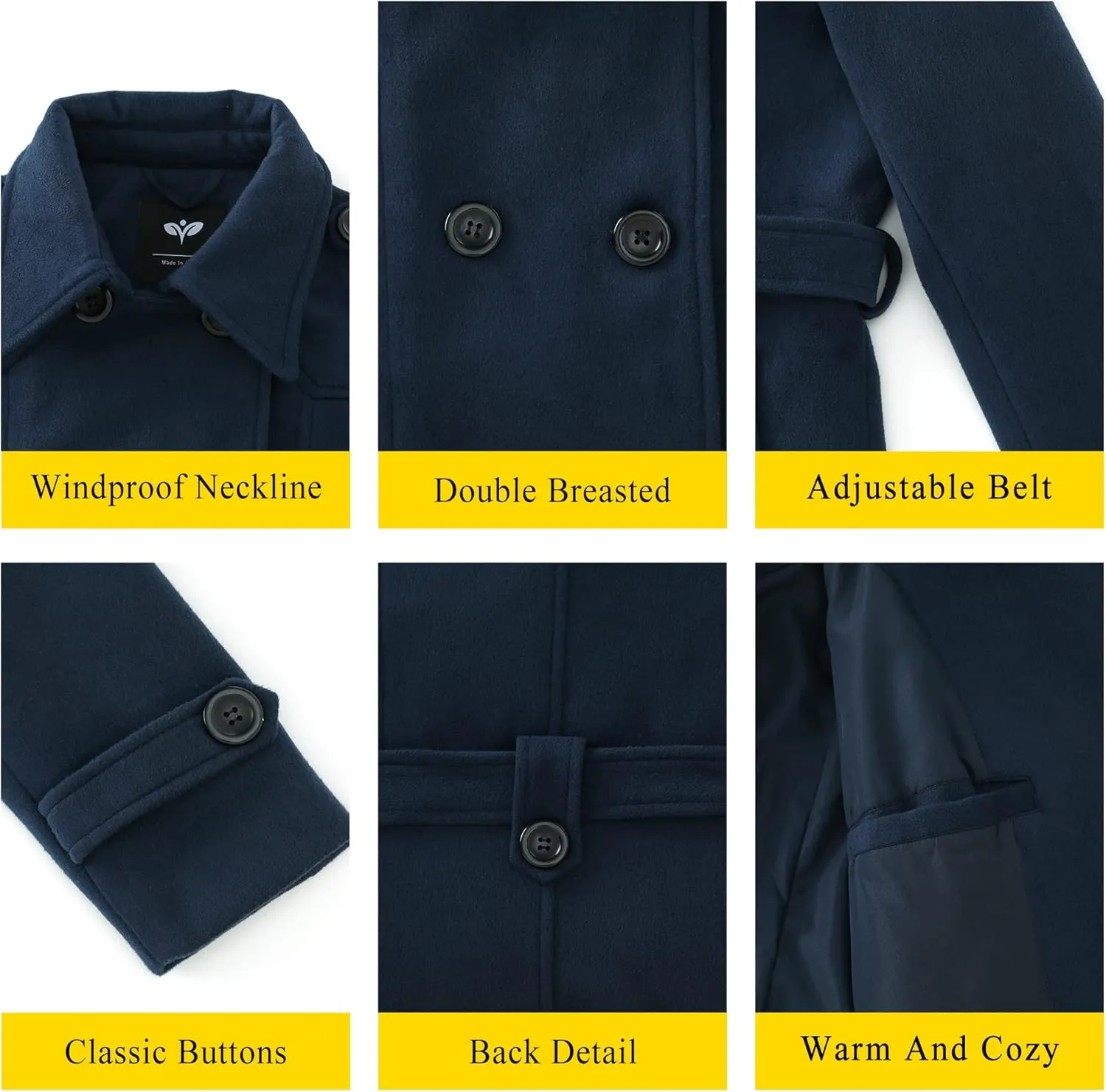 GGleaf Women's Classic Double Breasted Pea Coat Winter Mid-Long Slim Trench Coat with Belt