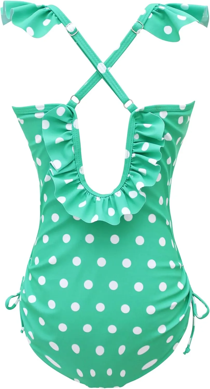 Girls Kids Bathing Suits Polka Dot Simplified/Long Sleeve Daisy Beach Sport 1-Piece Swimsuit(FBA)