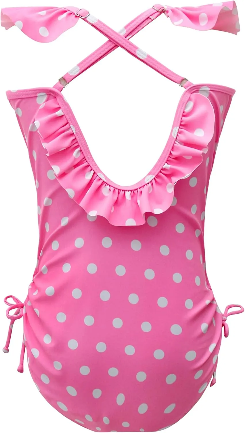Girls Kids Bathing Suits Polka Dot Simplified/Long Sleeve Daisy Beach Sport 1-Piece Swimsuit(FBA)