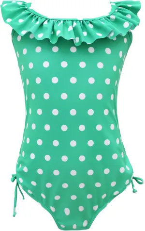 Girls Kids Bathing Suits Polka Dot Simplified/Long Sleeve Daisy Beach Sport 1-Piece Swimsuit(FBA)