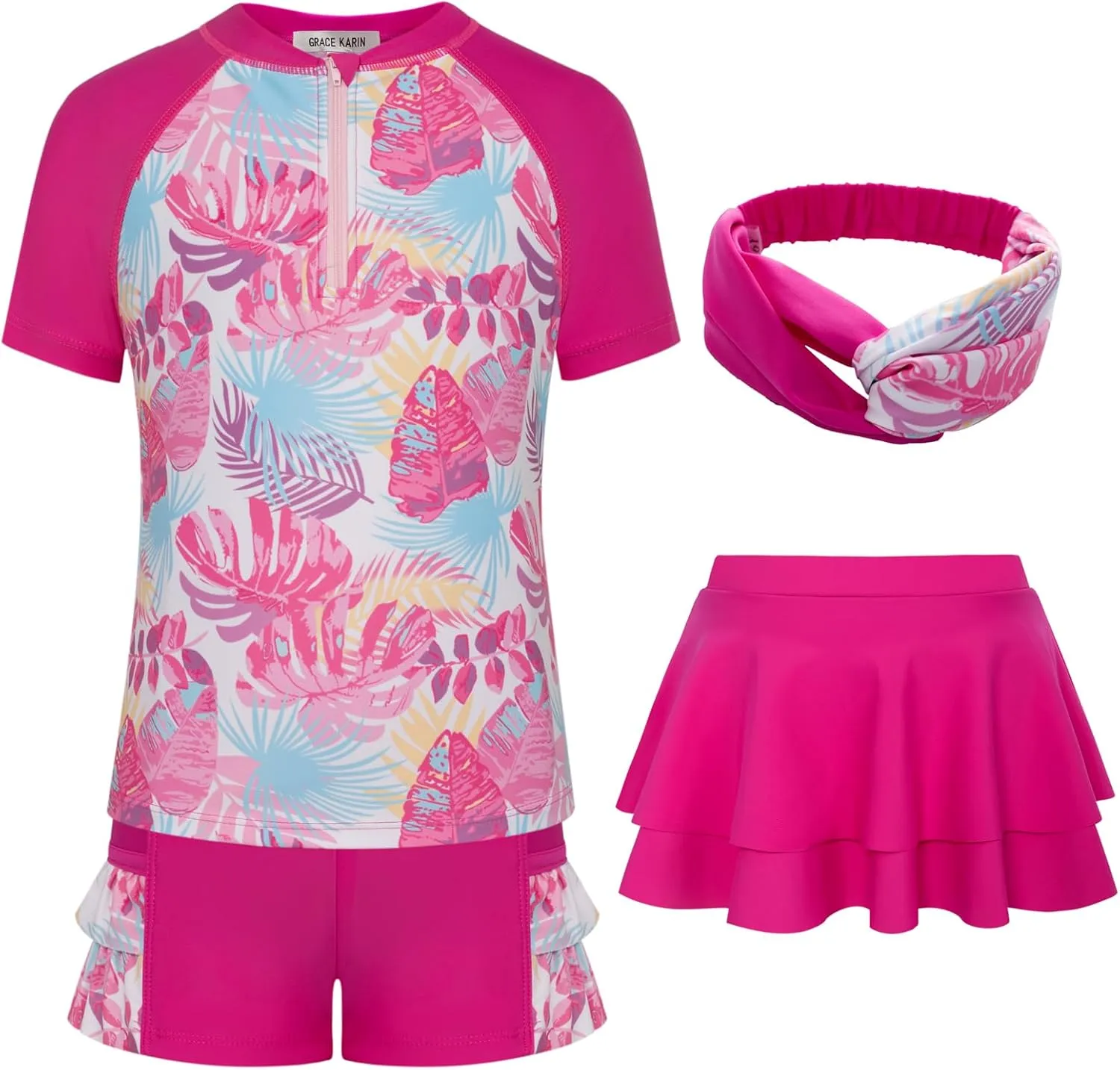 GRACE KARIN Girls Swimsuit 3-Piece Rashguard Sets Short Sleeve Swimwear with Hairband