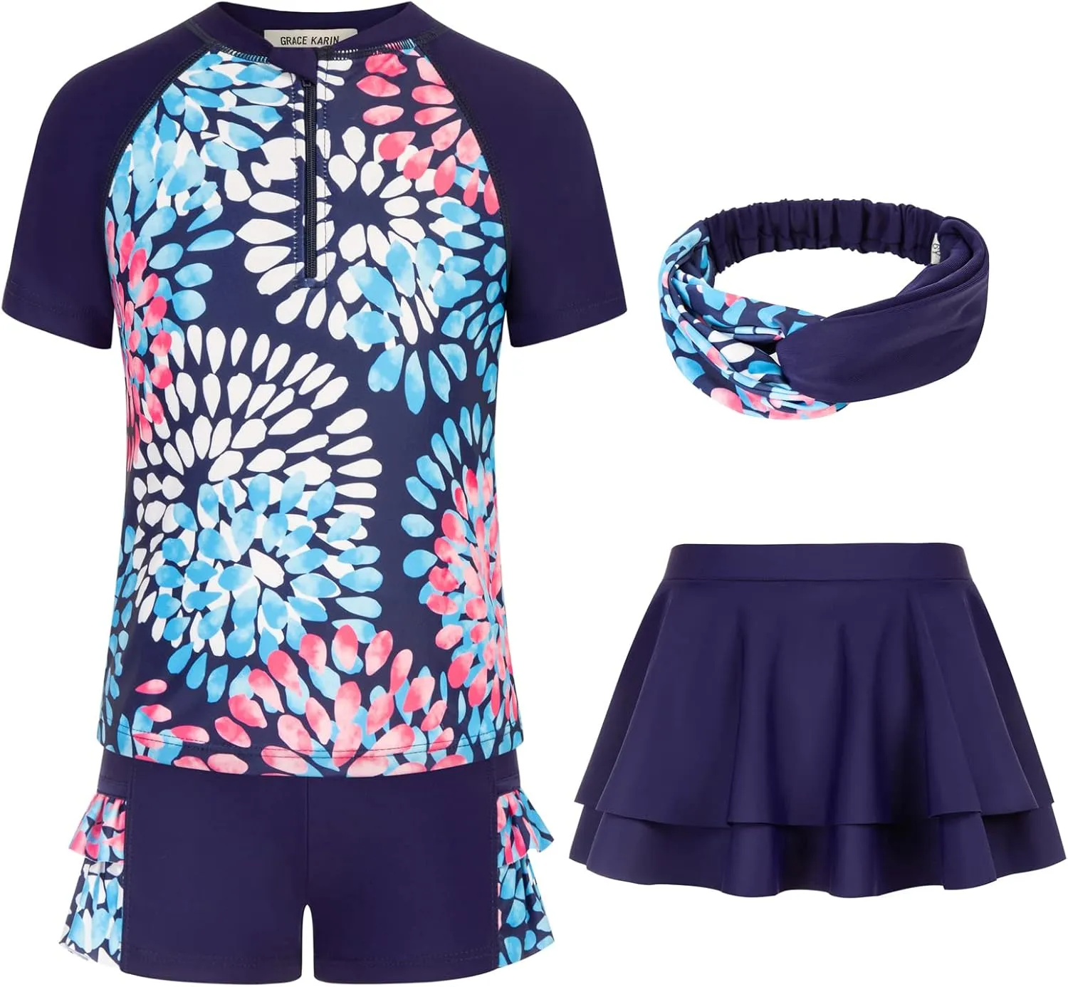 GRACE KARIN Girls Swimsuit 3-Piece Rashguard Sets Short Sleeve Swimwear with Hairband