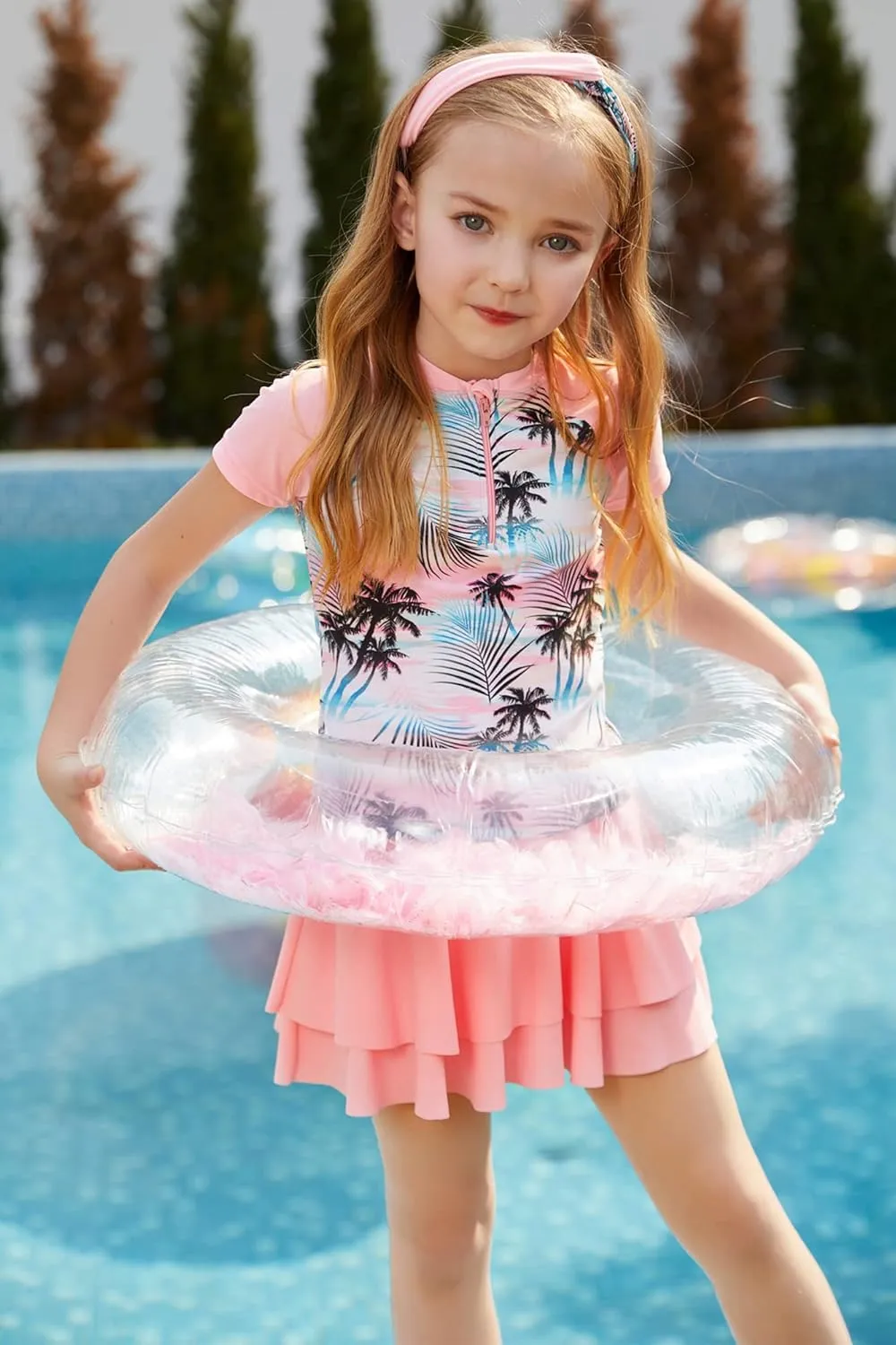 GRACE KARIN Girls Swimsuit 3-Piece Rashguard Sets Short Sleeve Swimwear with Hairband