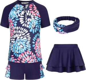 GRACE KARIN Girls Swimsuit 3-Piece Rashguard Sets Short Sleeve Swimwear with Hairband