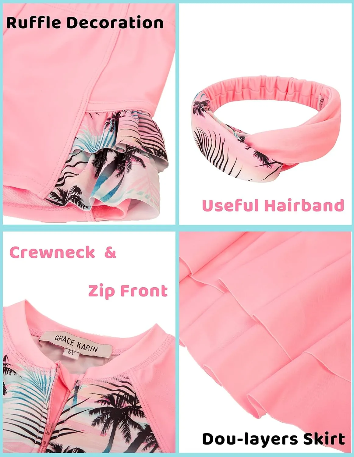 GRACE KARIN Girls Swimsuit 3-Piece Rashguard Sets Short Sleeve Swimwear with Hairband