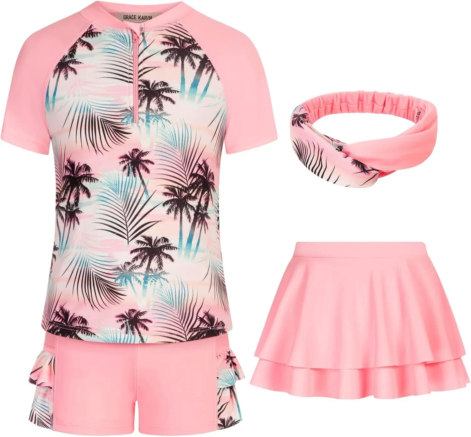 GRACE KARIN Girls Swimsuit 3-Piece Rashguard Sets Short Sleeve Swimwear with Hairband
