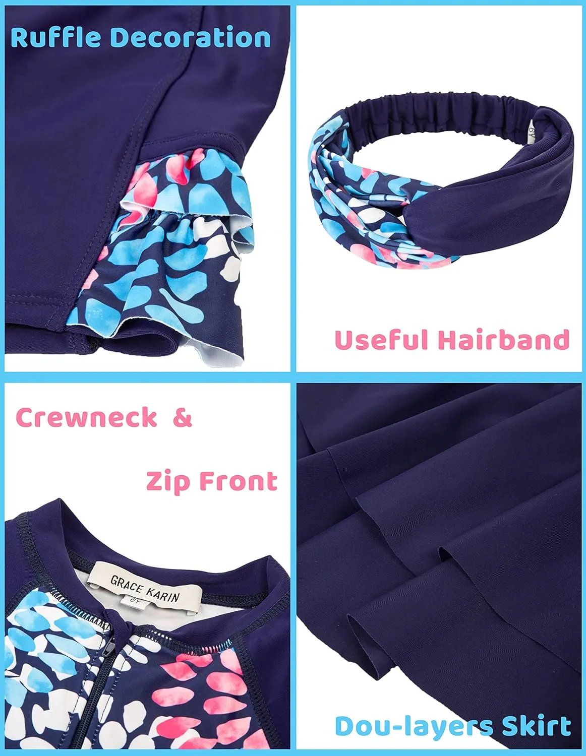 GRACE KARIN Girls Swimsuit 3-Piece Rashguard Sets Short Sleeve Swimwear with Hairband