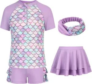 GRACE KARIN Girls Swimsuit 3-Piece Rashguard Sets Short Sleeve Swimwear with Hairband