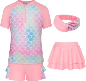 GRACE KARIN Girls Swimsuit 3-Piece Rashguard Sets Short Sleeve Swimwear with Hairband