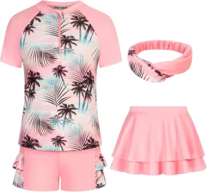 GRACE KARIN Girls Swimsuit 3-Piece Rashguard Sets Short Sleeve Swimwear with Hairband