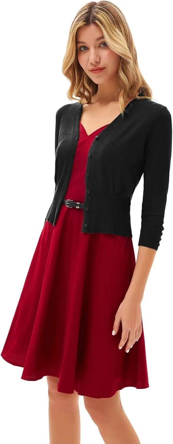 GRACE KARIN Women's Cropped Cardigan V-Neck Button Down Open Front Ribbed Knit Shrug Sweater