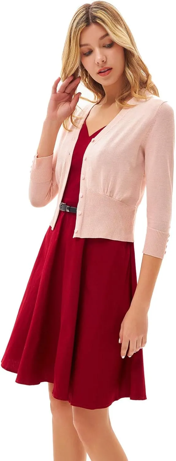 GRACE KARIN Women's Cropped Cardigan V-Neck Button Down Open Front Ribbed Knit Shrug Sweater
