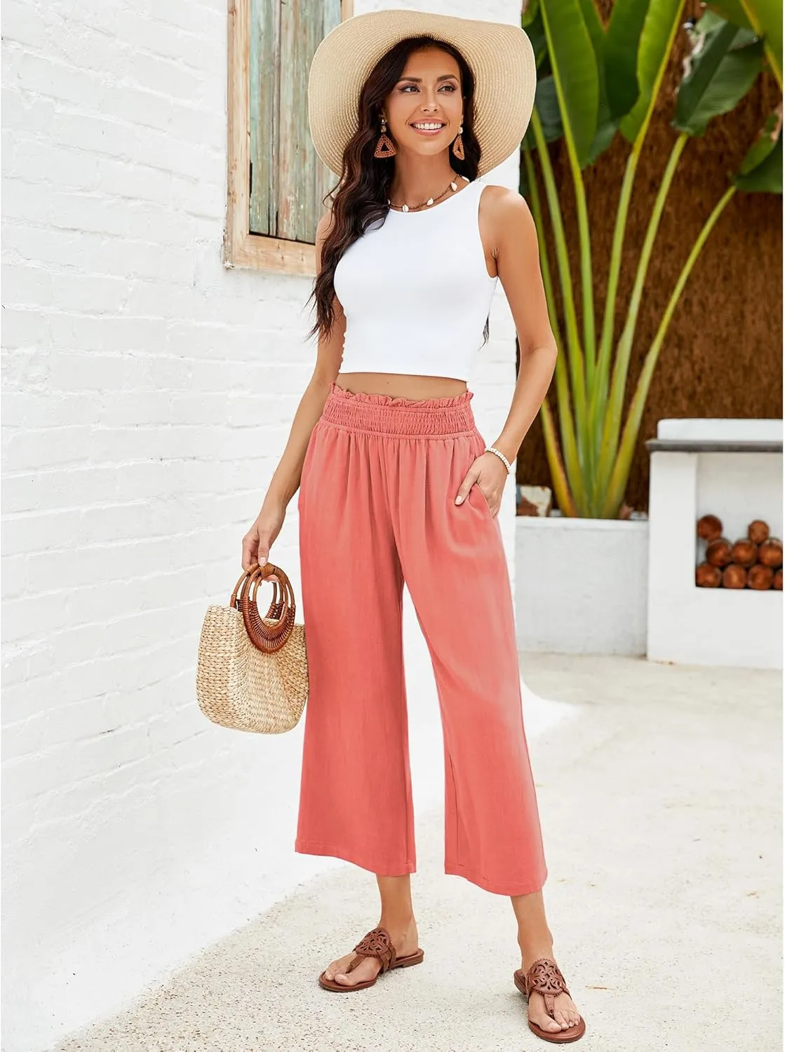 GRAPENT Capri Pants for Women High Waisted Wide Leg Linen Palazzo Trousers Pull On Elastic Smock Waist Loose Flowy Pants