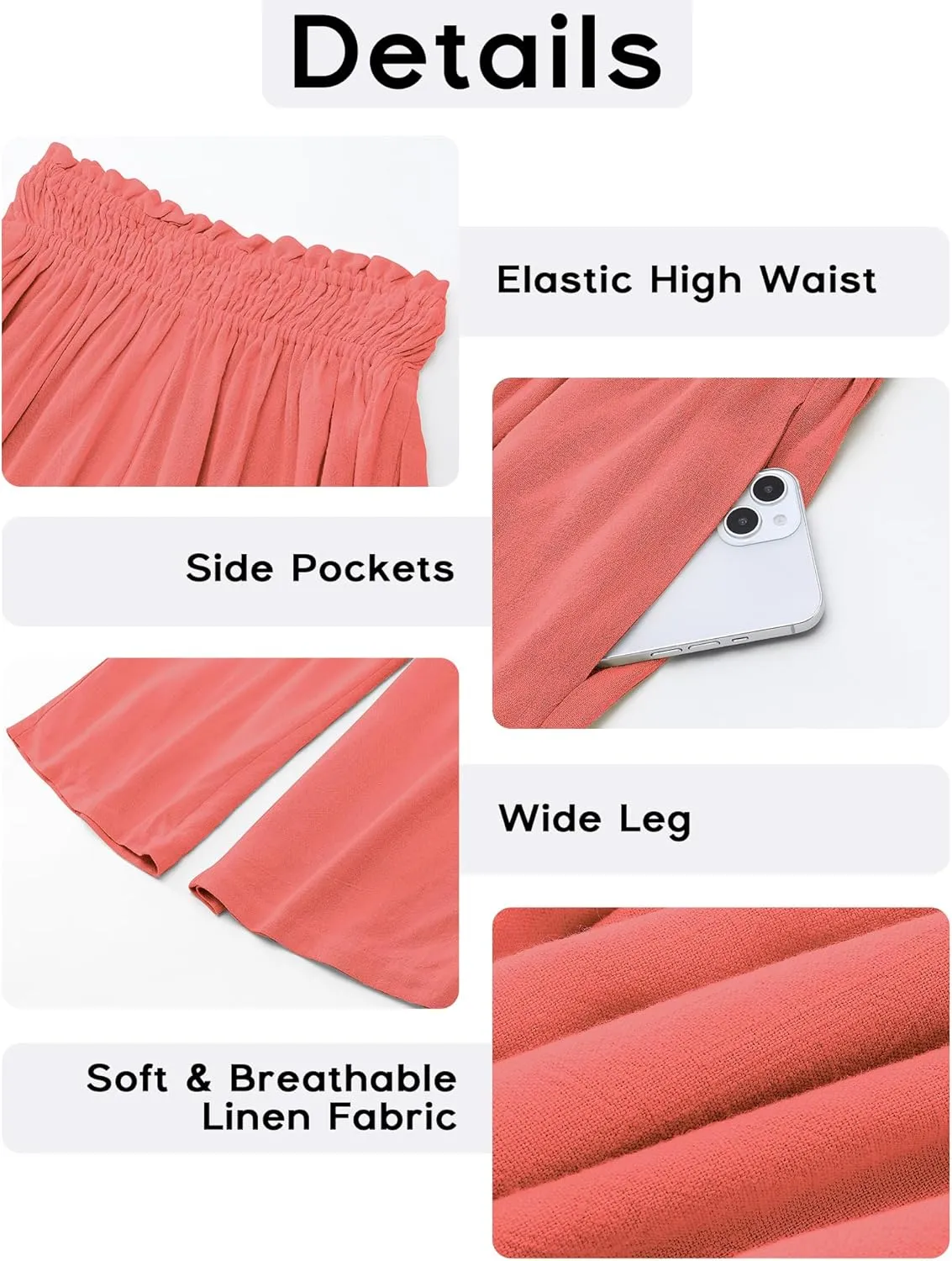 GRAPENT Capri Pants for Women High Waisted Wide Leg Linen Palazzo Trousers Pull On Elastic Smock Waist Loose Flowy Pants