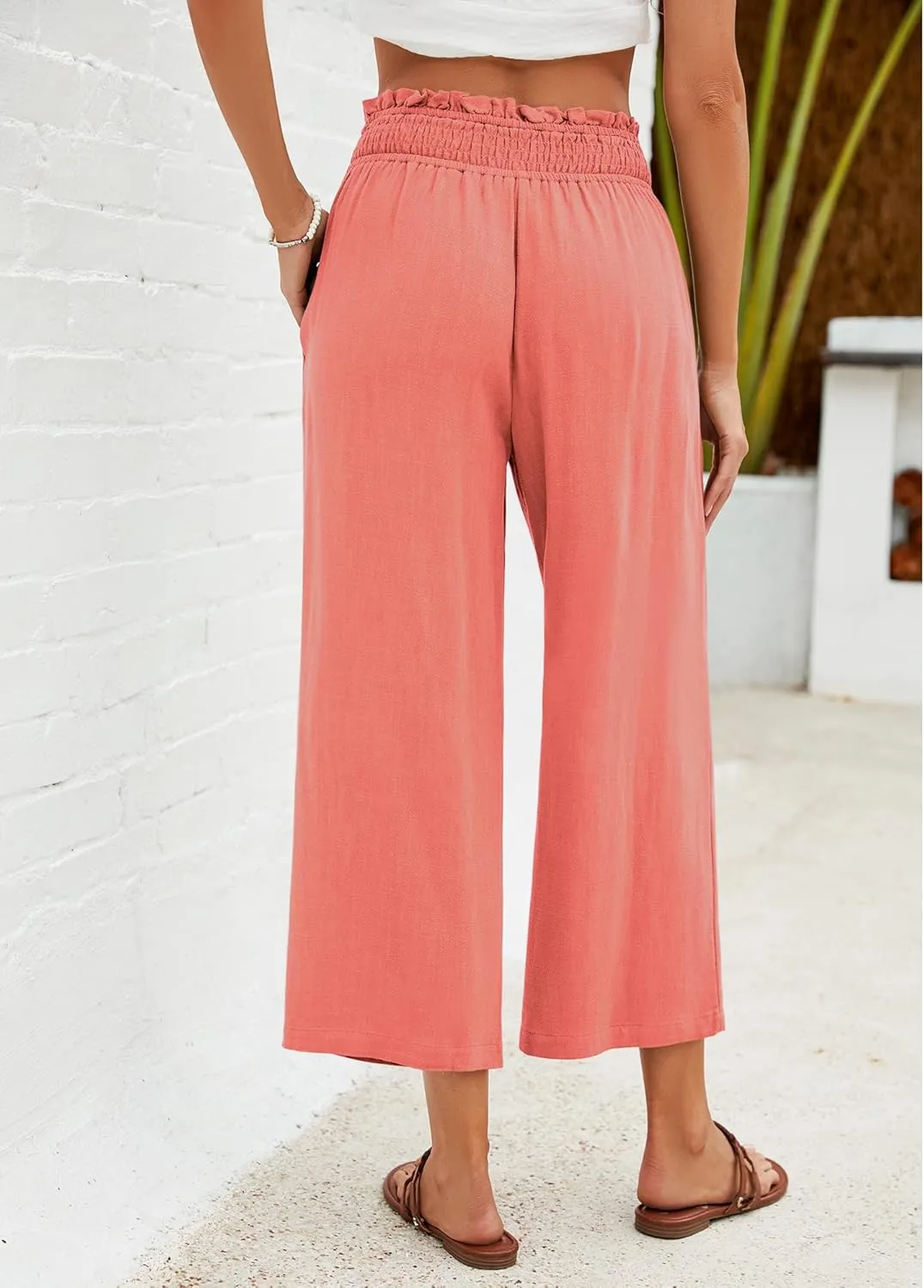 GRAPENT Capri Pants for Women High Waisted Wide Leg Linen Palazzo Trousers Pull On Elastic Smock Waist Loose Flowy Pants