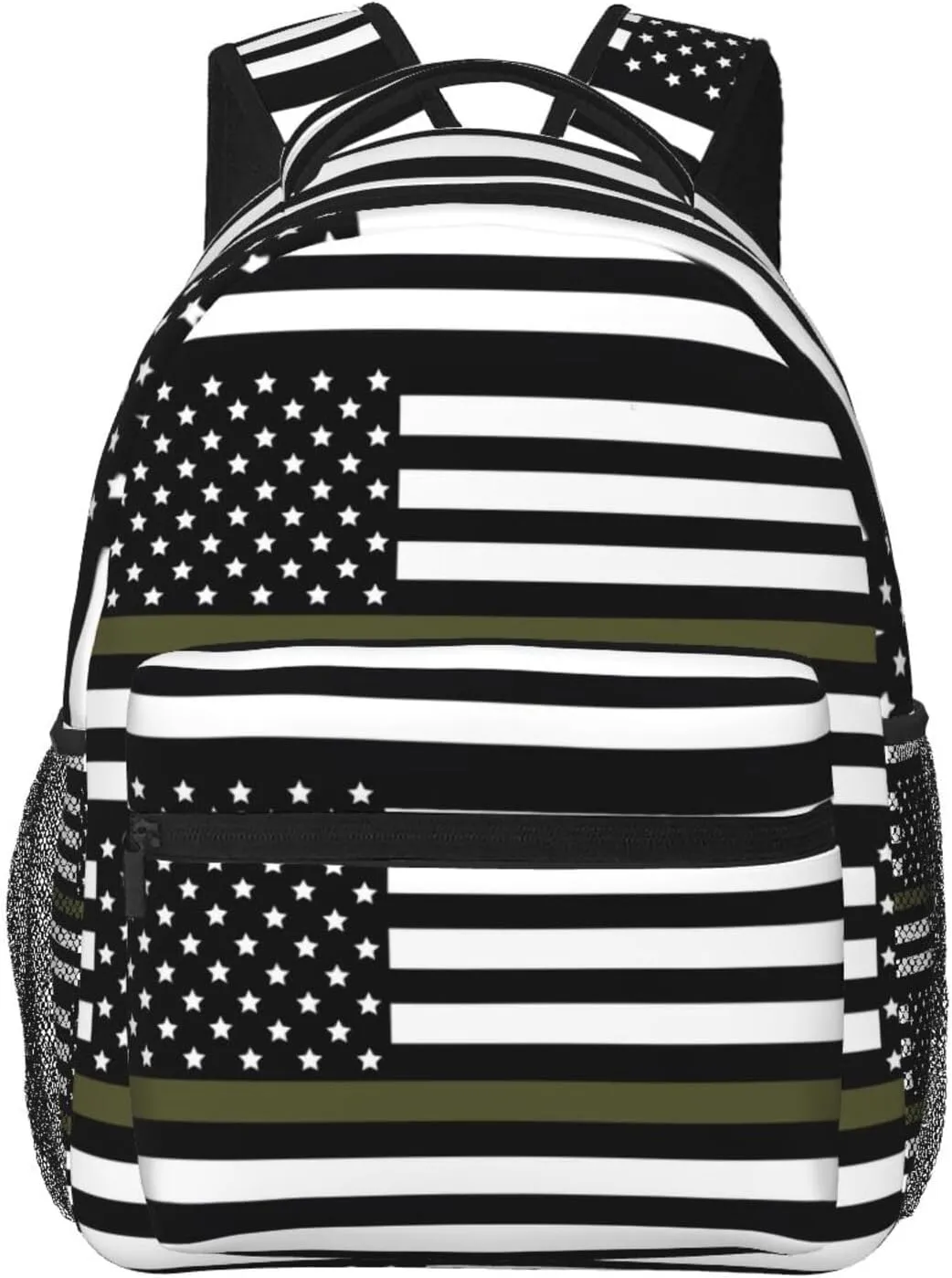 Green Line American Flag Backpack Casual Pack Bag Laptop Backpack With Side Pocket Front Zipper Pocket Bookpack Travel Daypack Picnic Rucksack
