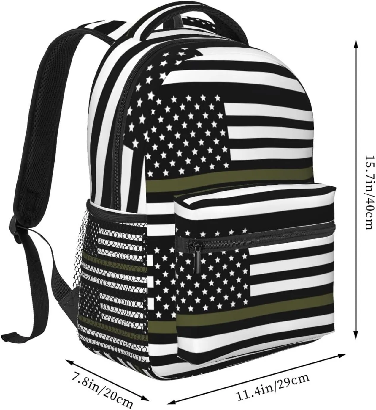 Green Line American Flag Backpack Casual Pack Bag Laptop Backpack With Side Pocket Front Zipper Pocket Bookpack Travel Daypack Picnic Rucksack