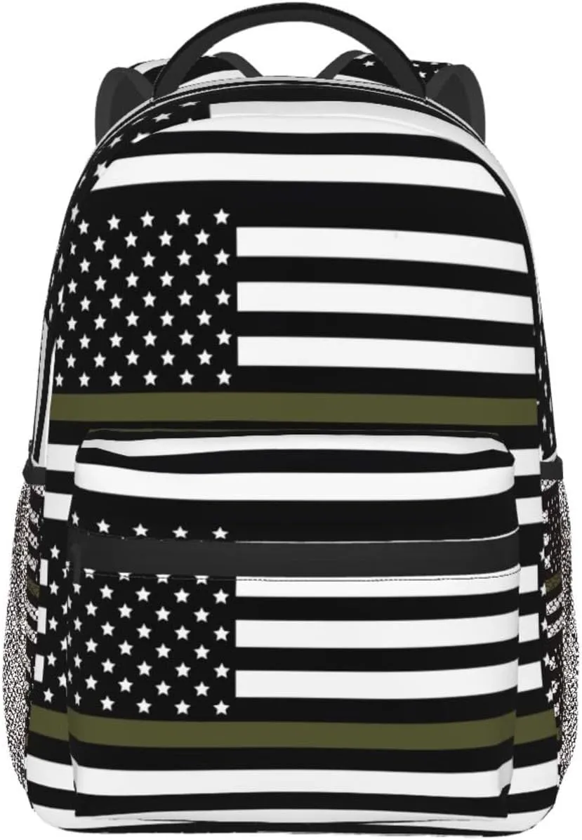 Green Line American Flag Backpack Casual Pack Bag Laptop Backpack With Side Pocket Front Zipper Pocket Bookpack Travel Daypack Picnic Rucksack