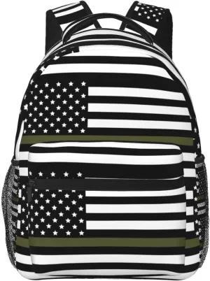 Green Line American Flag Backpack Casual Pack Bag Laptop Backpack With Side Pocket Front Zipper Pocket Bookpack Travel Daypack Picnic Rucksack