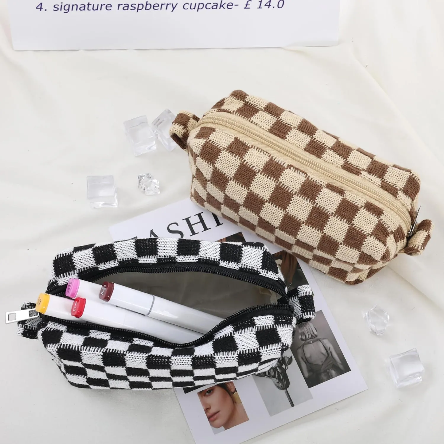 Grid Cosmetic Bag Pencil Case Aesthetic Plaid Coin Purse Makeup Brush Holder Toiletry Kit Creative Gift For Women