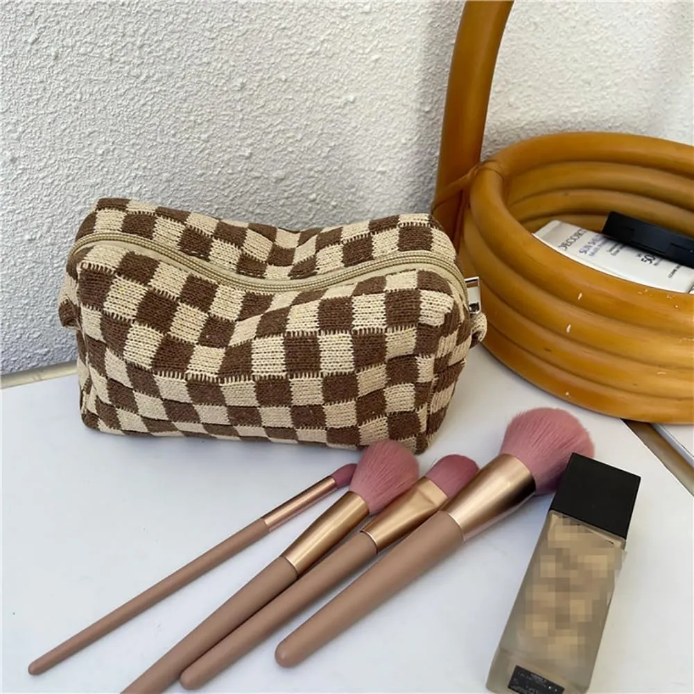 Grid Cosmetic Bag Pencil Case Aesthetic Plaid Coin Purse Makeup Brush Holder Toiletry Kit Creative Gift For Women