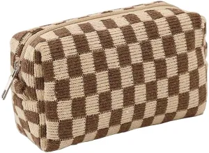 Grid Cosmetic Bag Pencil Case Aesthetic Plaid Coin Purse Makeup Brush Holder Toiletry Kit Creative Gift For Women