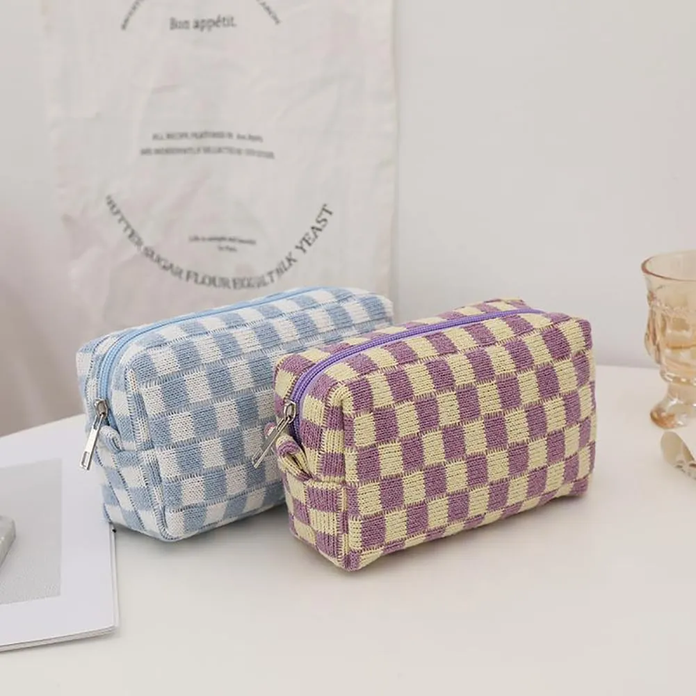 Grid Makeup Organizer Bag Checkered Cosmetic Pouch Pencil Case Travel Toiletry Bag Brush Storage Bag Knit Makeup Bag