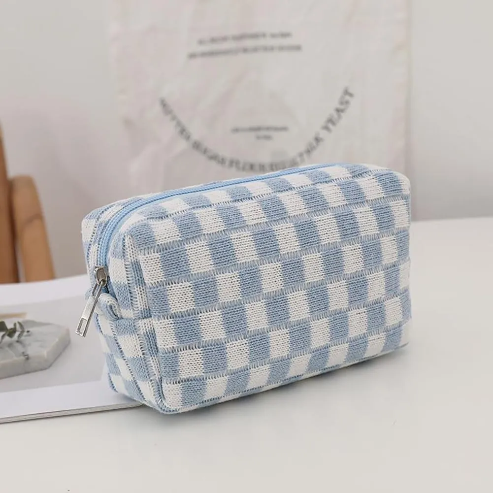 Grid Makeup Organizer Bag Checkered Cosmetic Pouch Pencil Case Travel Toiletry Bag Brush Storage Bag Knit Makeup Bag