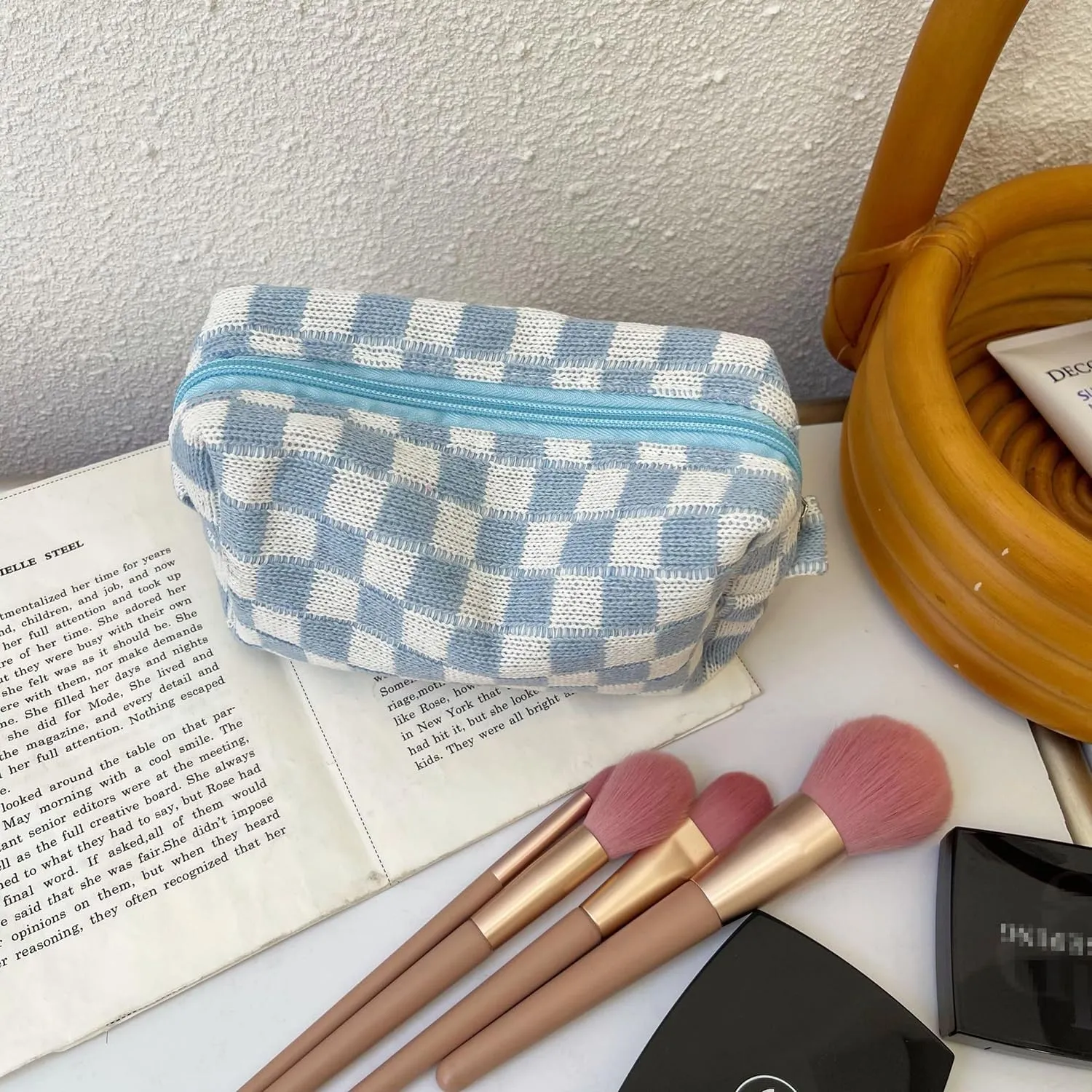 Grid Makeup Organizer Bag Checkered Cosmetic Pouch Pencil Case Travel Toiletry Bag Brush Storage Bag Knit Makeup Bag