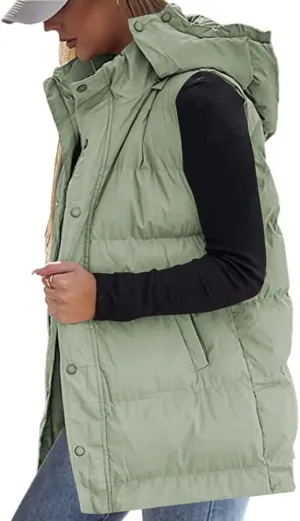 Grlasen Women's long Quilted Vest hooded sleeveless Button Down puff vest cotton padded jacket winter coat