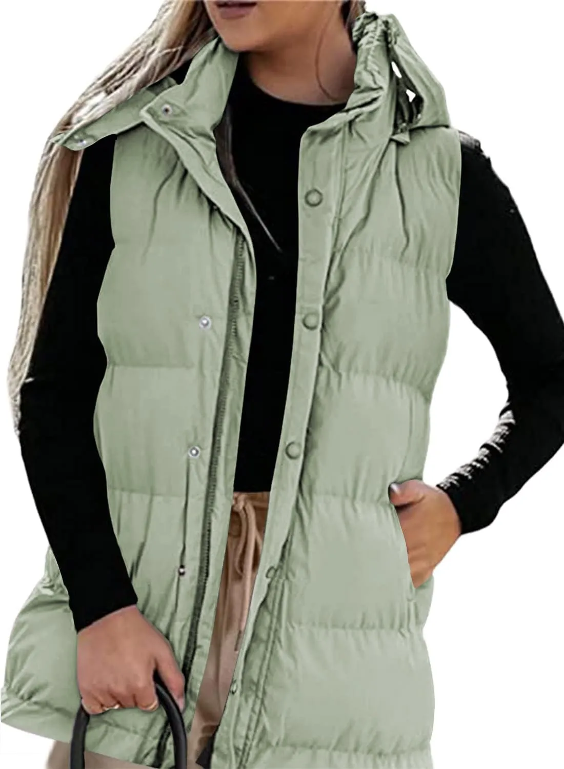 Grlasen Women's long Quilted Vest hooded sleeveless Button Down puff vest cotton padded jacket winter coat