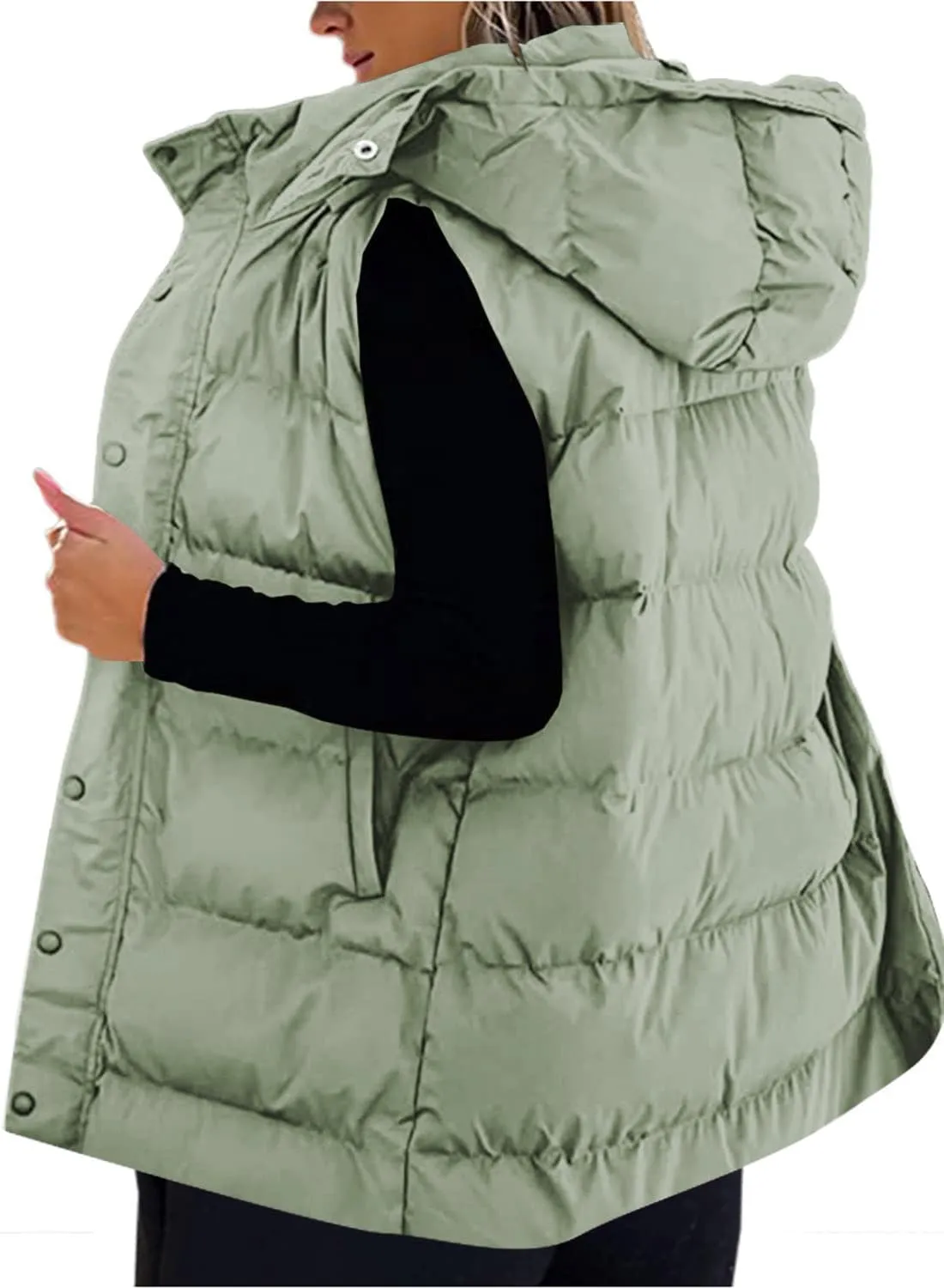 Grlasen Women's long Quilted Vest hooded sleeveless Button Down puff vest cotton padded jacket winter coat