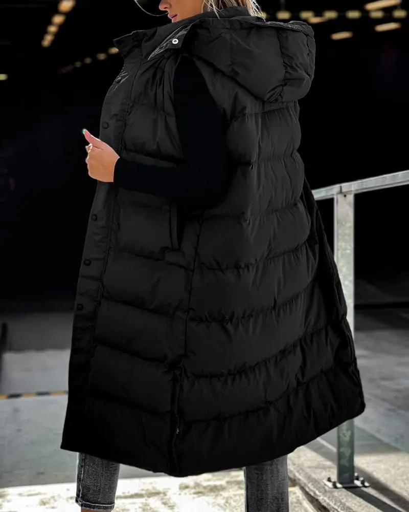 Grlasen Women's long Quilted Vest hooded sleeveless Button Down puff vest cotton padded jacket winter coat