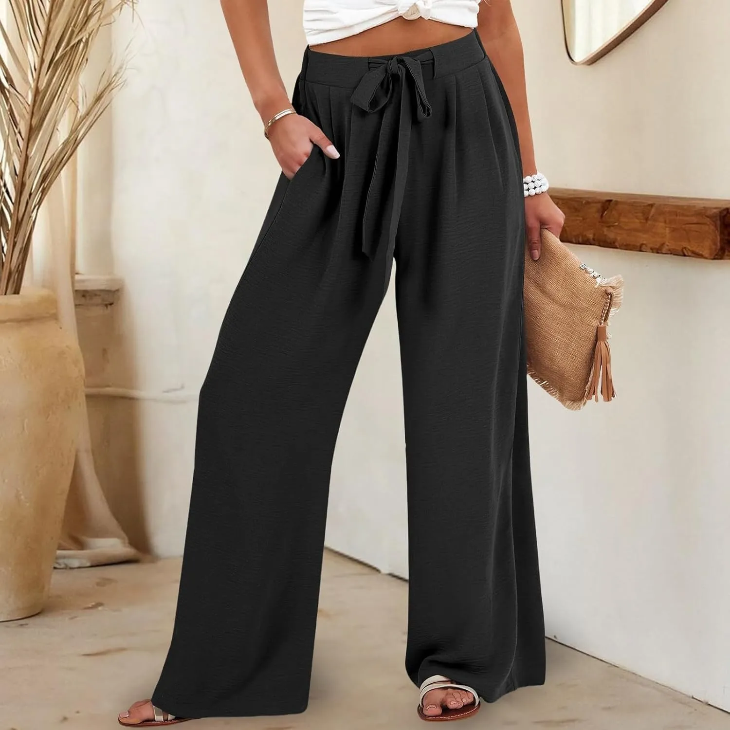 Gumipy Linen Palazzo Pants for Women Adjustable Tie Knot High Waisted Wide Leg Pants Loose Lounge Trousers Pants with Pockets