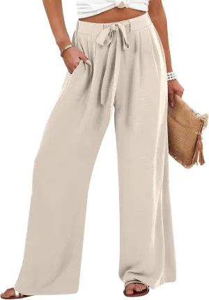 Gumipy Linen Palazzo Pants for Women Adjustable Tie Knot High Waisted Wide Leg Pants Loose Lounge Trousers Pants with Pockets