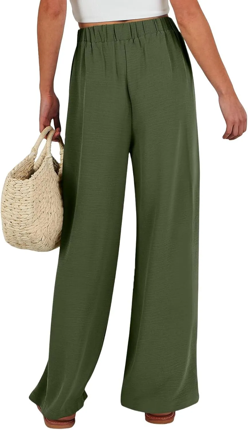 Gumipy Linen Palazzo Pants for Women Adjustable Tie Knot High Waisted Wide Leg Pants Loose Lounge Trousers Pants with Pockets